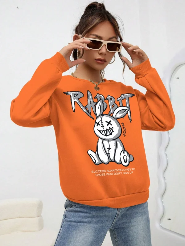 Grey fleece hoodie for women featuring a quirky white laughing rabbit print on the front