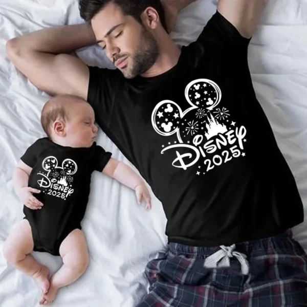 Family wearing matching Mickey and Minnie Mouse cotton shirts and baby romper for Disney trip.