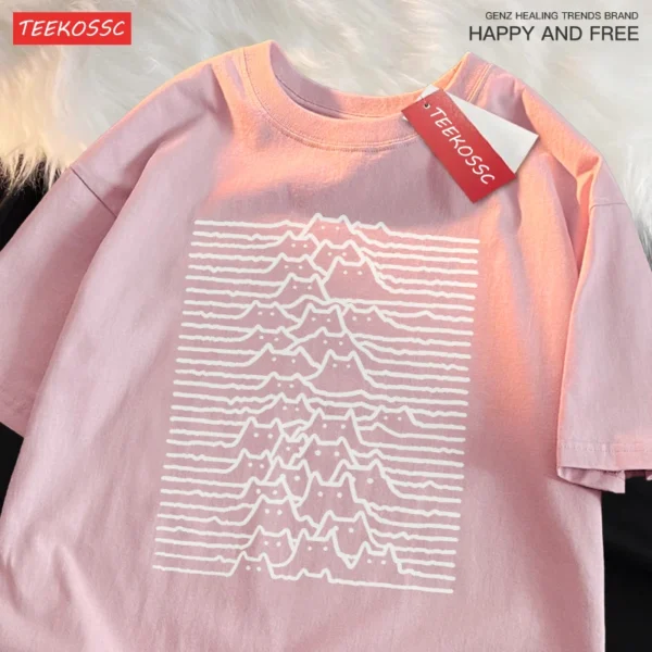 Unisex cotton t-shirt featuring a cartoon graphic of a cat on a mountain range.