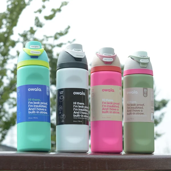 Owala Free Sip insulated stainless steel water bottle in multiple colors and sizes.