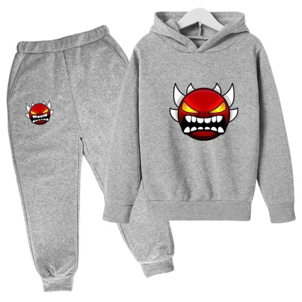 Kids cartoon geometric print pullover hoodie and matching pants tracksuit set for boys and girls.