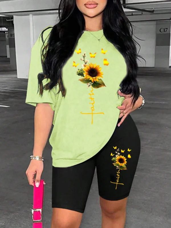 Woman modeling sunflower butterfly print two piece set with short sleeve knit t-shirt and regular fit shorts.
