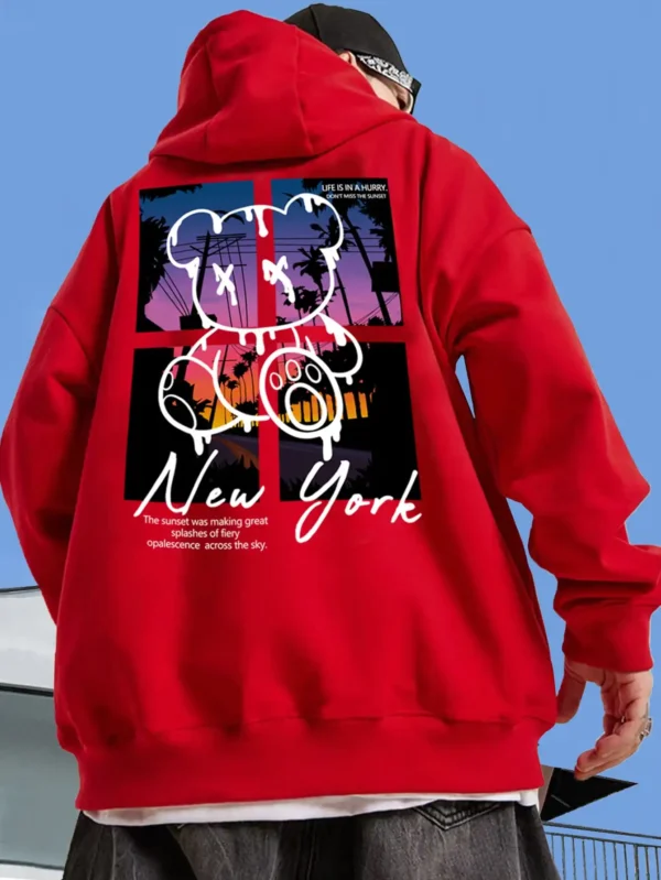 Men's black streetwear hoodie featuring a graphic print of a cool cartoon bear on the front. Pullover style with kangaroo pocket.
