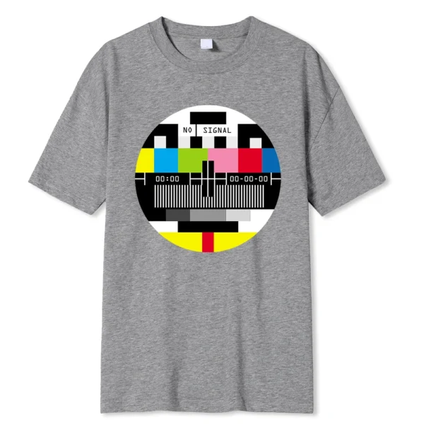 Men's oversize black cotton t-shirt featuring a white geometric 'No Signal' screen print graphic on the chest.