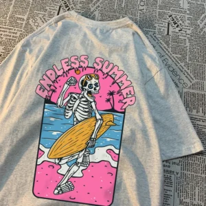 Men's white t-shirt with a skull surfing graphic design.