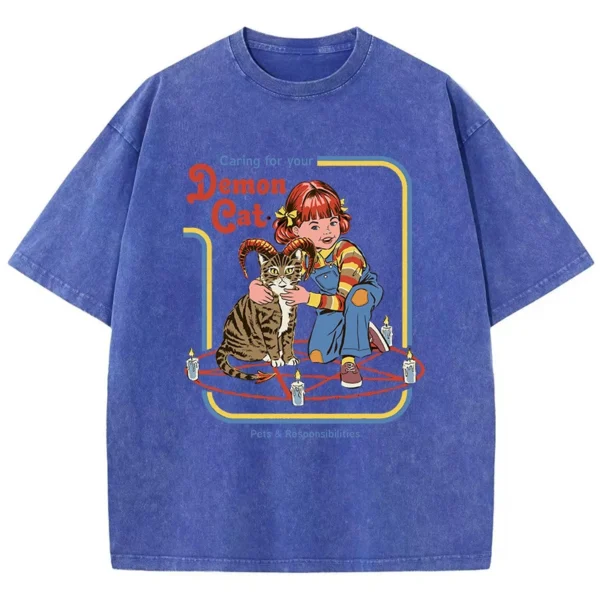 Women's black cotton t-shirt featuring a unique 'Caring For Your Demon Cat' graphic print - streetwear style.