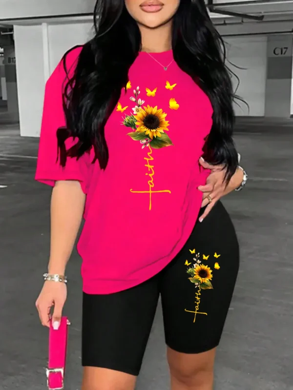 Woman modeling sunflower butterfly print two piece set with short sleeve knit t-shirt and regular fit shorts.