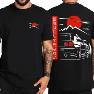 Back view of man wearing black GTR R34 JDM graphic t-shirt showcasing Japanese car culture design.