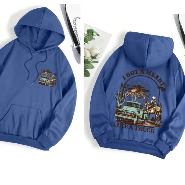 Women's casual streetwear hoodie with graphic print and warm faux fur lining - Autumn/Winter style. ```