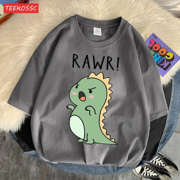 Women's regular fit short sleeve t-shirt with a fierce cartoon dinosaur print on the front.