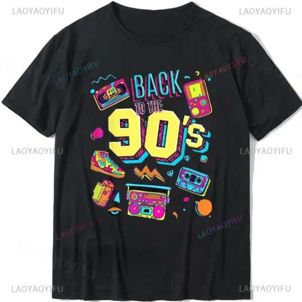 Woman wearing a white 'I Love The 90s / Take Me Back To The 90s' retro graphic tee against a plain background.
