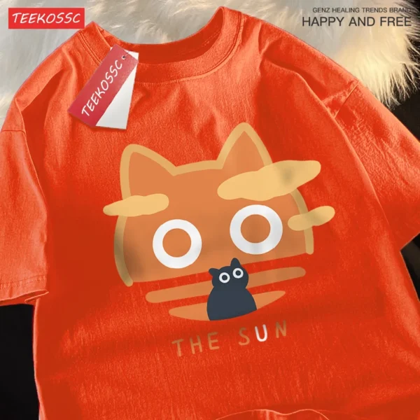 Family wearing matching orange cat t-shirts.