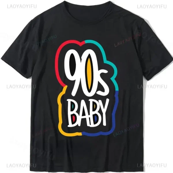Woman wearing a white 'I Love The 90s / Take Me Back To The 90s' retro graphic tee against a plain background.