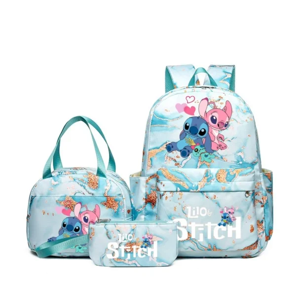 Stitch print 3-piece backpack set with matching tote bag and pencil pouch displayed together against a neutral background.