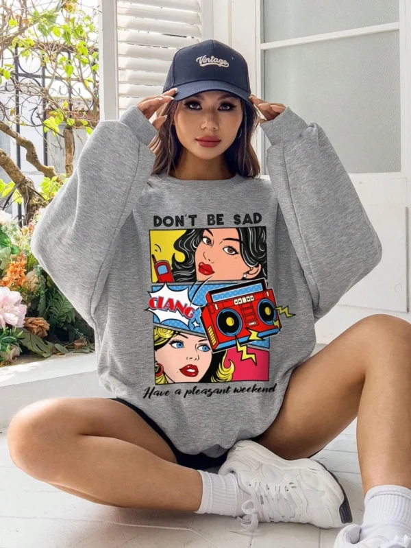 Women's casual warm fleece sweatshirt with a cartoon graphic print.