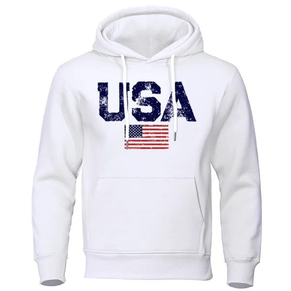 Men's vintage USA flag hip hop streetwear fleece hoodie.