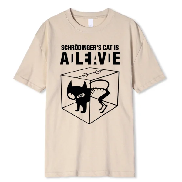 Men's black 100% cotton t-shirt with a white graphic print illustrating the Schrodinger's Cat thought experiment.