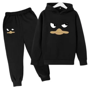 Kids unisex duck face print hoodie and pants tracksuit set for spring autumn wear ages 2-13.