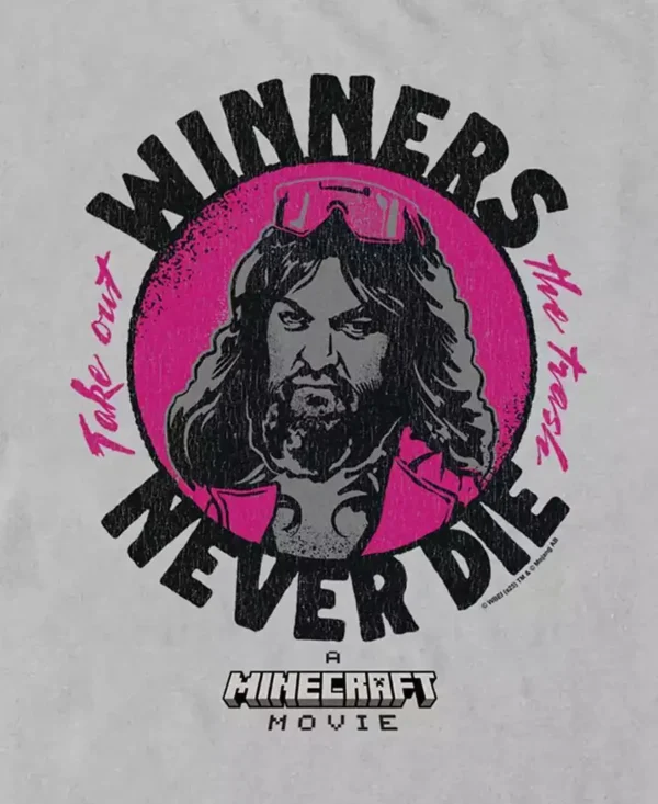 Fifth Sun Men's black cotton T-Shirt with Minecraft Movie 'Winners Never Die' text graphic print on the front.
