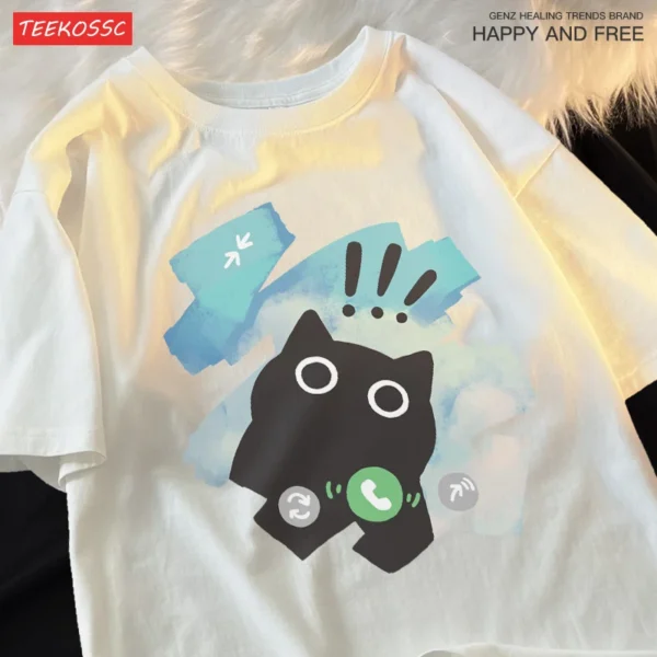 Woman wearing a cute scared cat graphic t-shirt.