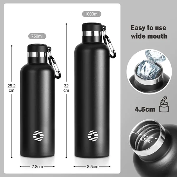 FEIJIAN 1L silver stainless steel vacuum insulated water bottle with leak-proof cap.