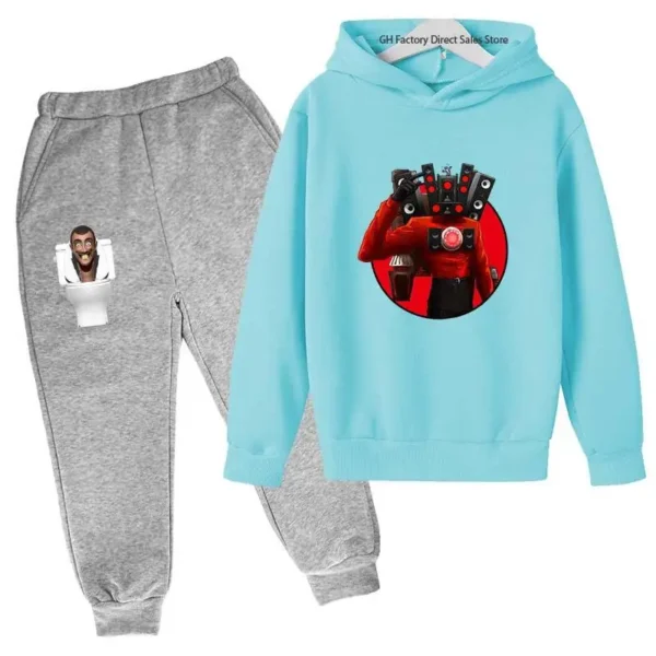 Kids Skibidi Toilet funny cartoon print hoodie and pants tracksuit set (ages 3-13) - front view. ```