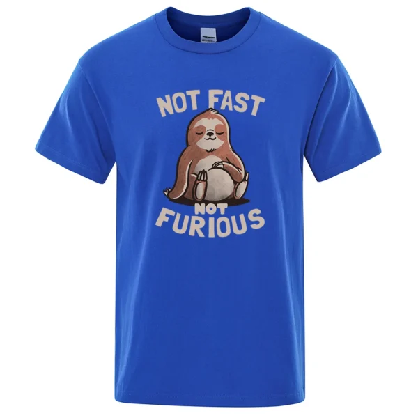 Oversized white cotton t-shirt for men featuring a funny kawaii sloth print and the text "Not Fast Not Furious". ```