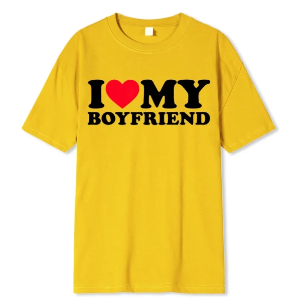 Funny couple t-shirt with 'I Love My BF/GF So Stay Away' message printed on the front.