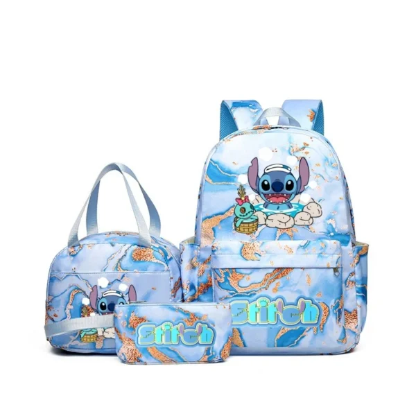 Stitch print 3-piece backpack set with matching tote bag and pencil pouch displayed together against a neutral background.