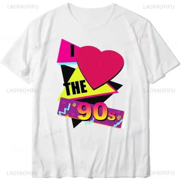 Woman wearing a white 'I Love The 90s / Take Me Back To The 90s' retro graphic tee against a plain background.