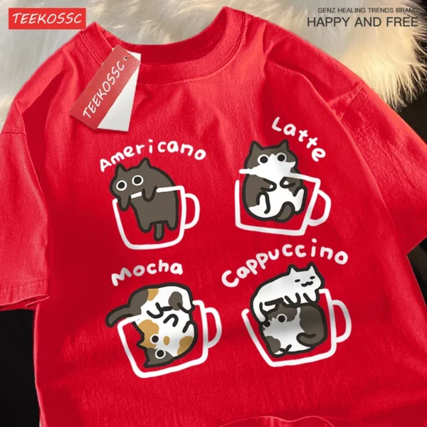 Mocha Latte Cat design printed on a soft cotton unisex t-shirt for cat and coffee lovers.
