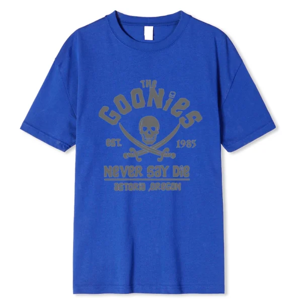 Men's black cotton Goonies t-shirt with white 'Never Say Die' text graphic. Retro 80s movie fan apparel.