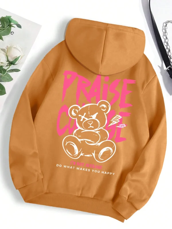 Woman wearing cute bear print fleece-lined hoodie warm autumn streetwear sweatshirt.