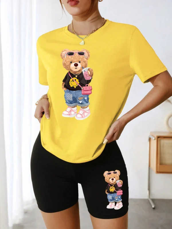 Women's bear & milk tea print t-shirt and shorts set - cute summer two piece outfit