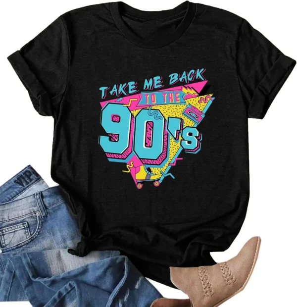 Woman wearing a vintage-style 90s throwback graphic t-shirt with a nostalgic design.