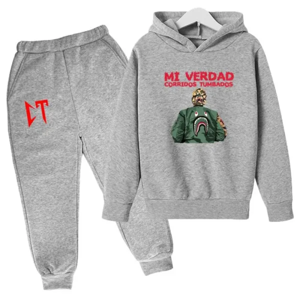 Kids unisex Corridos Tumbados print tracksuit set with pullover hoodie and pants - front view.