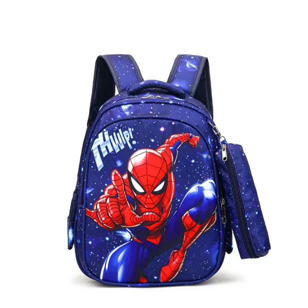 MINISO Spider-Man kids school backpack in blue and red with matching character pencil case attached.