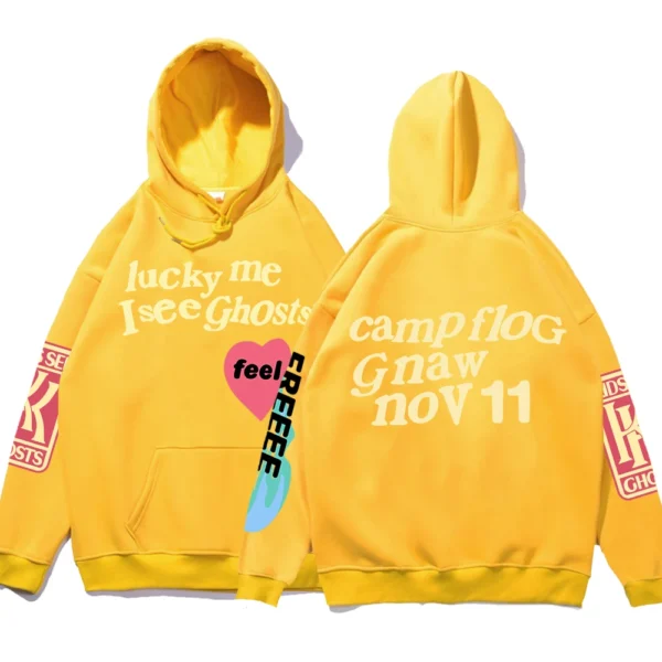 Oversized black fleece hoodie with white 'Luck Me I See Ghosts' graffiti text print on the chest - unisex streetwear style.
