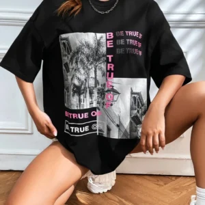 Women's cotton crew neck t-shirt featuring a graphic and letter print. Casual summer style