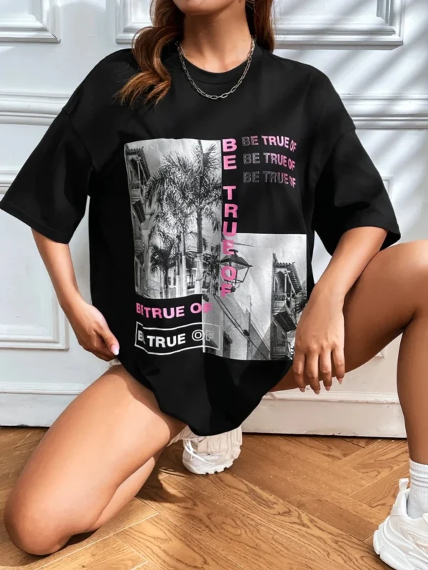 Women's cotton crew neck t-shirt featuring a graphic and letter print. Casual summer style