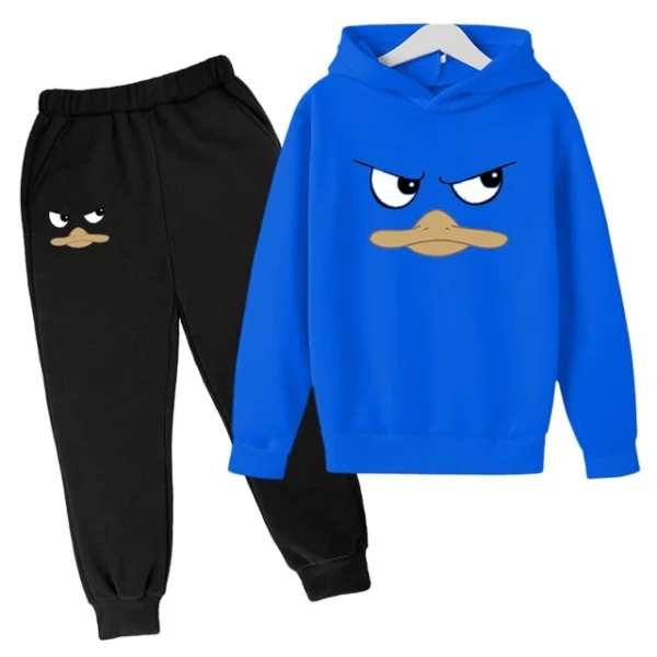 Kids unisex duck face print hoodie and pants tracksuit set for spring autumn wear ages 2-13.