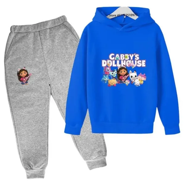 Gabby's Dollhouse kids tracksuit with colourful cartoon print hoodie and matching jogger pants for boys and girls ages 3-13.