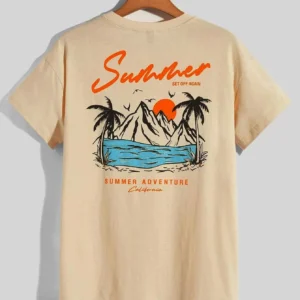 Men's oversized white cotton t-shirt with 'Set Off Again California' adventure graphic print.