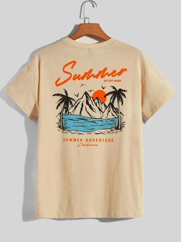 Men's oversized white cotton t-shirt with 'Set Off Again California' adventure graphic print.