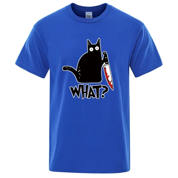 Men's black cotton t-shirt displaying a funny cartoon graphic of a white cat holding a small knife.
