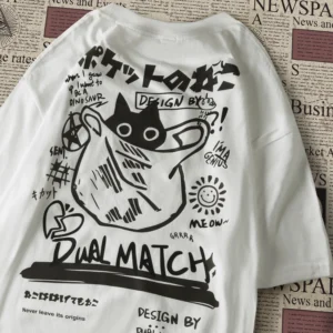 Unisex white t-shirt with large kawaii cartoon cat graphic print on the front