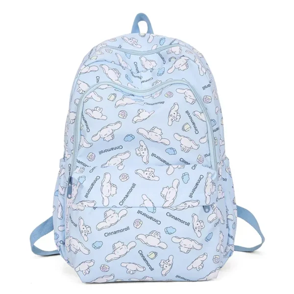 MINISO Sanrio kids school backpack featuring a cute pink and purple Kuromi and Cinnamoroll cartoon print design.