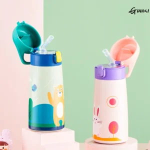 Stainless steel kids thermos water bottle with integrated straw and colourful cartoon design