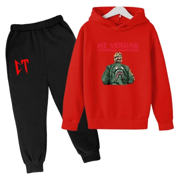Kids unisex Corridos Tumbados print tracksuit set with pullover hoodie and pants - front view.