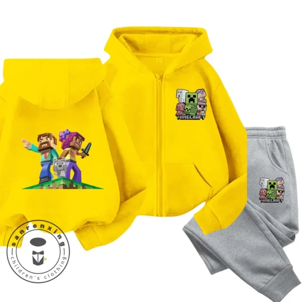 Child wearing Minecraft themed zipper hoodie and matching pants set with hood up.